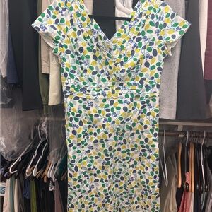 Boden Leaf Print Midi Dress in Blue and Yellow